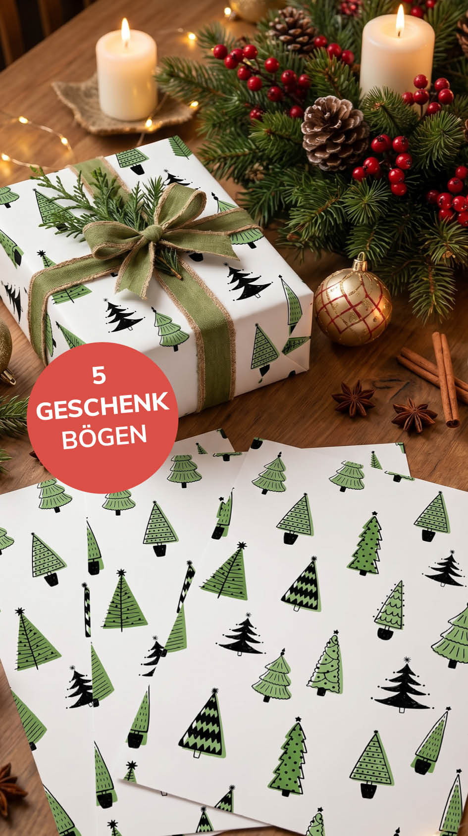 Liebevolles Geschenkpapier Weihnachten Set 5 Bögen Tannenbaum - süßes Motiv für Weihnachten